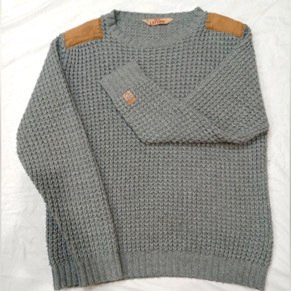 Tokyo Laundry Double Tuck Stitch Gray Sweater Shoulder Patches Men's XL